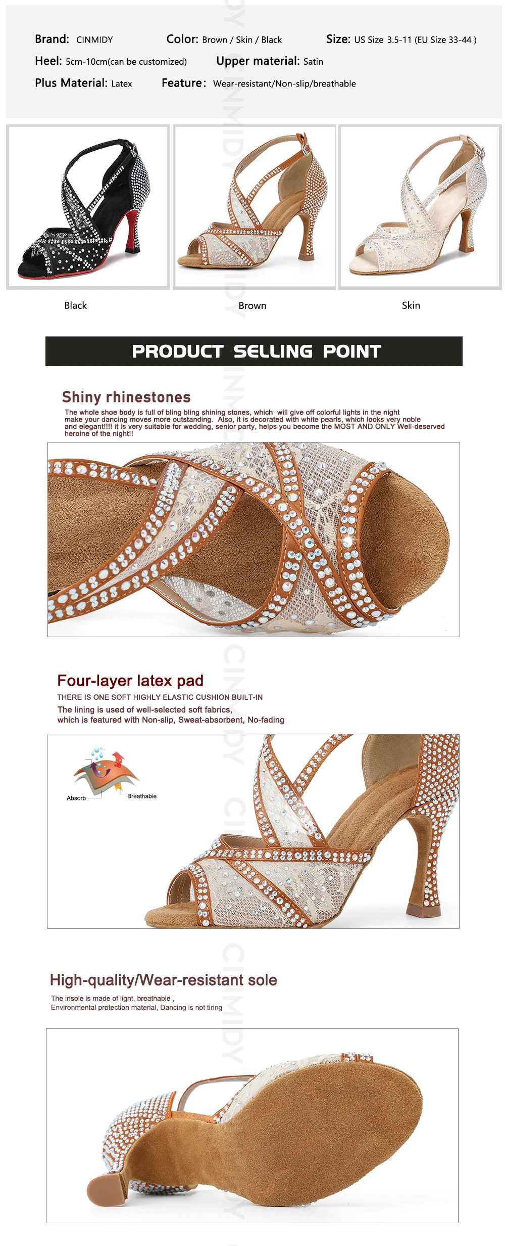 CINMIDY Rote Sohle Latein Tanzschuhe für Damen Tango Ballsaal Tanzschuhe Kubanischer Absatz Strass Hochzeitsschuhe Damensandalen – Detail 4