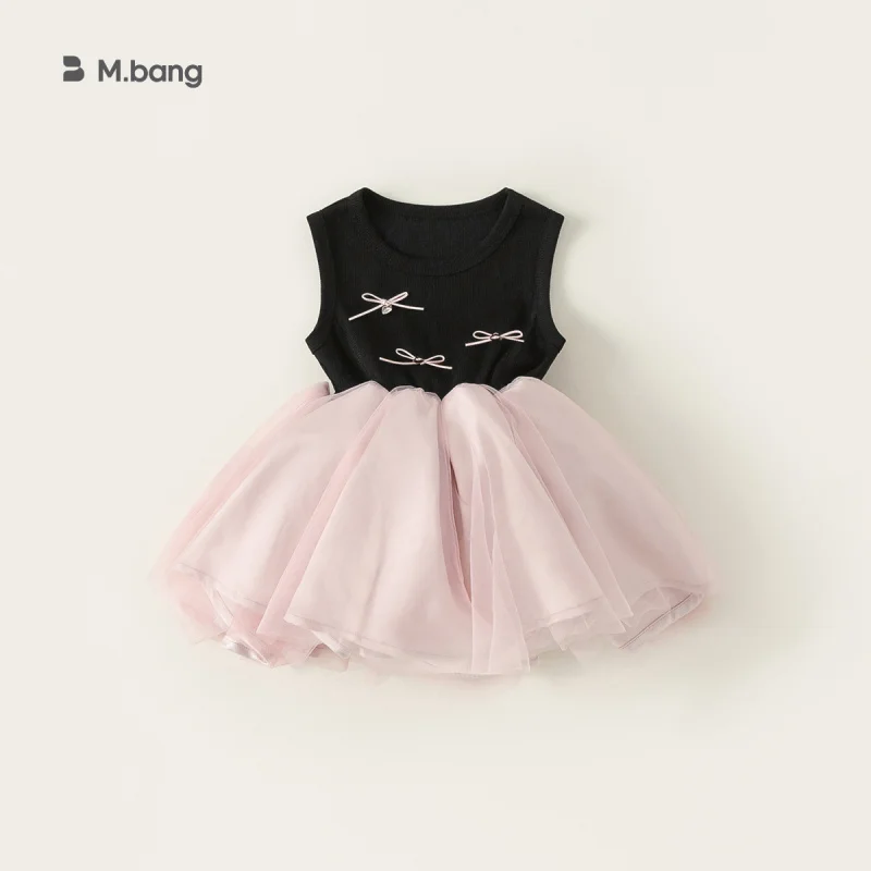 Bangxuan children's clothing girls' dress, new summer sleeveless dress with contrasting color bow, toddler mesh dress, formal dr