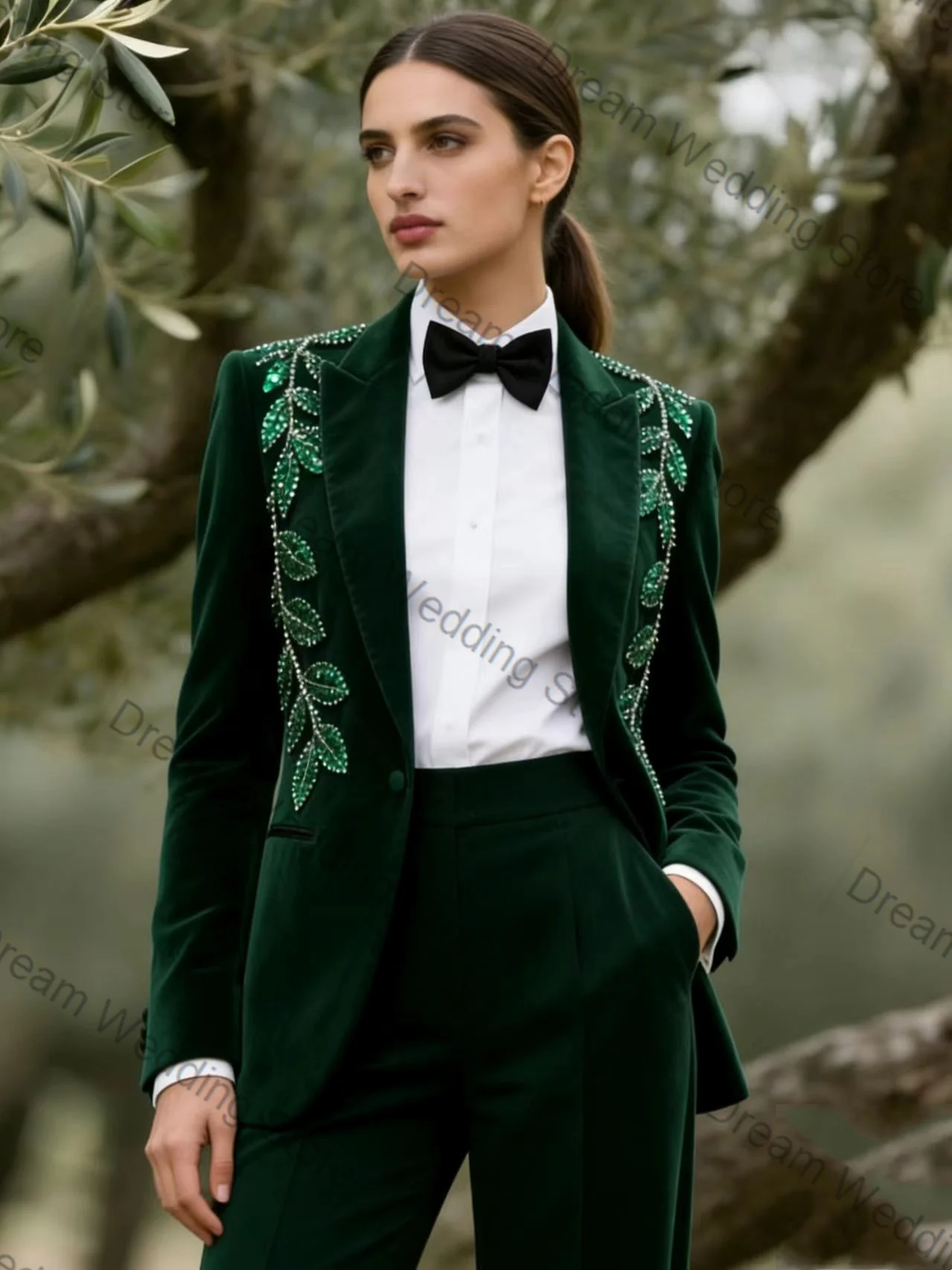 Green Velvet Women Suit Set 2 Pcs Blazer+Pants Trousers Crystals Spring Formal Office Lady Jacket Customized Wedding Guest Coat