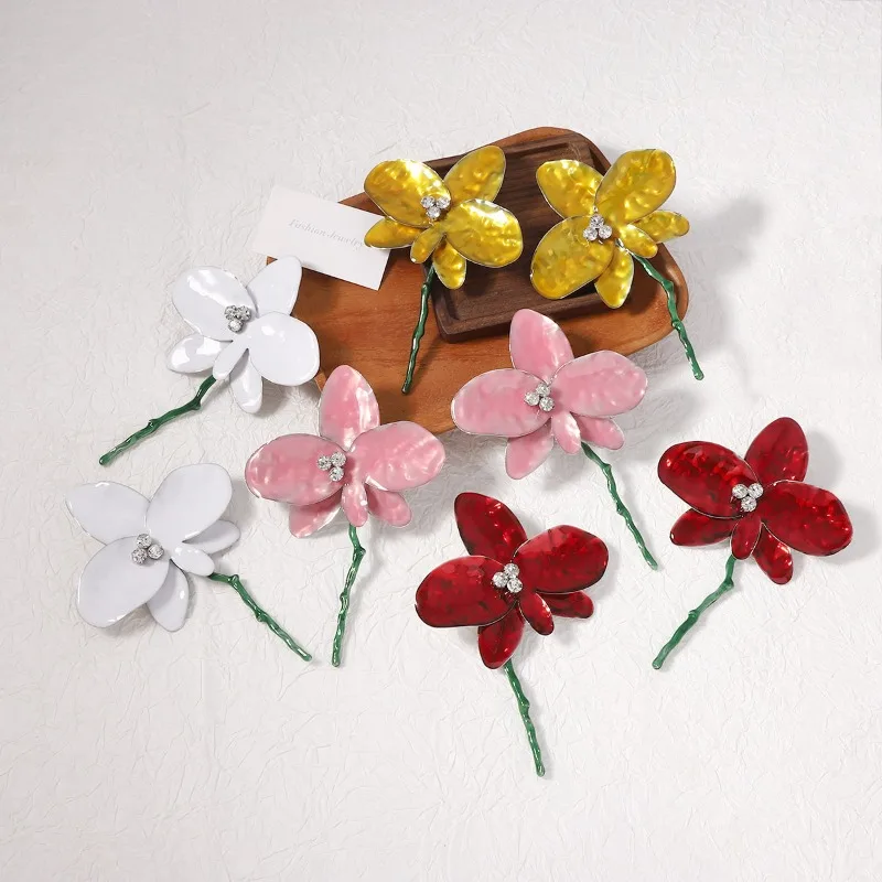 Pendientes Grandes de Flores de Lujo Ligero con Esmalte de Aceite que Simula Goteo, Estilo Exagerado de Chica Picante Española, Estilo Vacacional de Moda