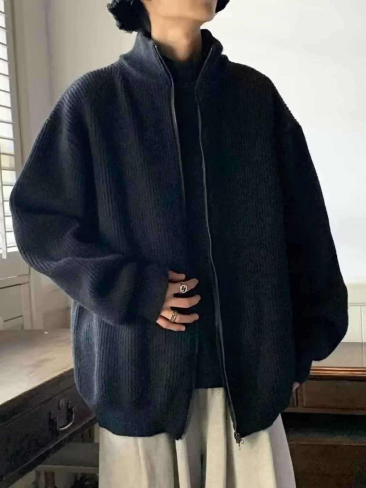 الرجال المفتوحة سترة سترة سستة تريكو فضفاض كسول Sle ملابس خارجية الخريف الشتاء اليابانية الرجعية طويلة Sve ألياف البوليستر #2