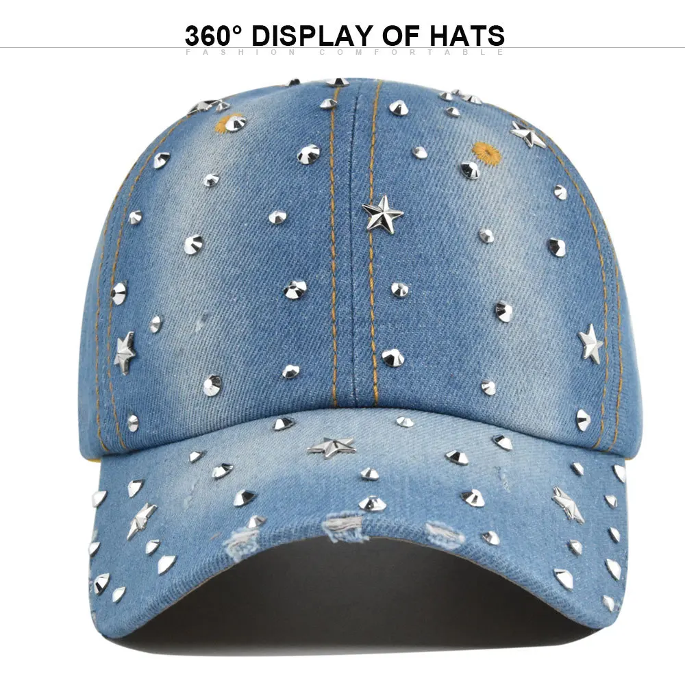 Denim Baseball Cap Women Washed Hat Vintage Rivet Star Sunshade Snapback Hats For Women Men Couple Summer Sun Hat Outdoor Casual