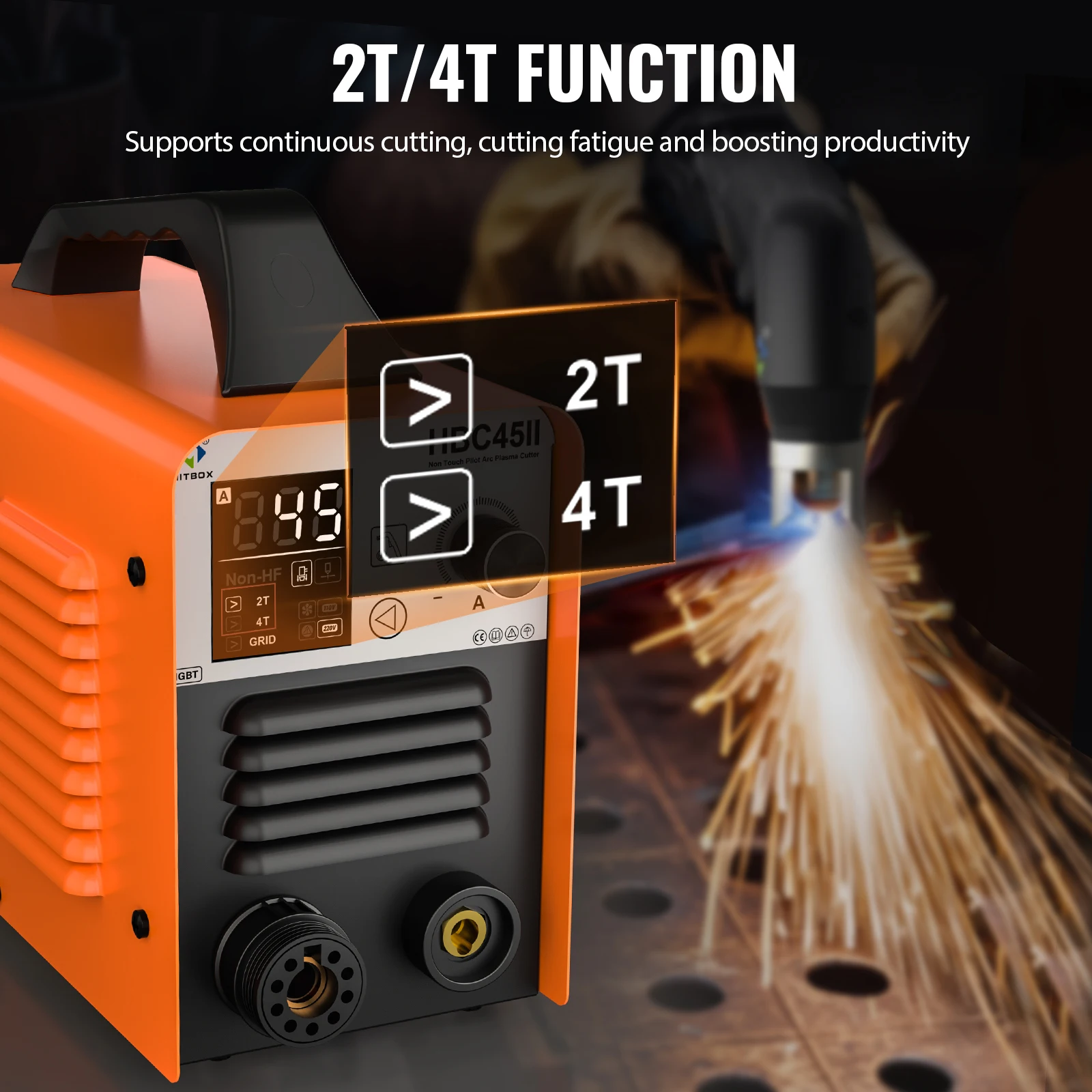 Plasma Cutter 45A HITBOX HBC45II Non-Contact Pilot Arc Cutting Machine 110V/220V Digital Display IGBT 2T/4T Grid Cutting