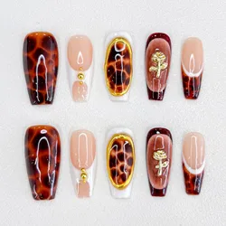 2025 New 3D Pure Hand-piercing Removable Nail Art Golden Leopard Print Advanced Nail Short