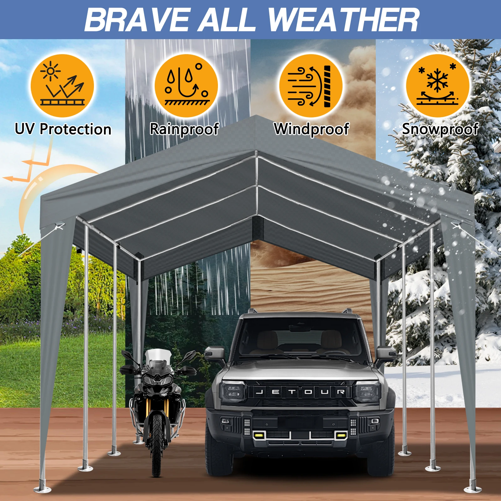 

12X20FT навес для автомобильного порта Carport, серый, без боковых стен, металлический кардан для тяжелых условий эксплуатации, с усиленной рамой, лодкой, автомобилей и тракторами