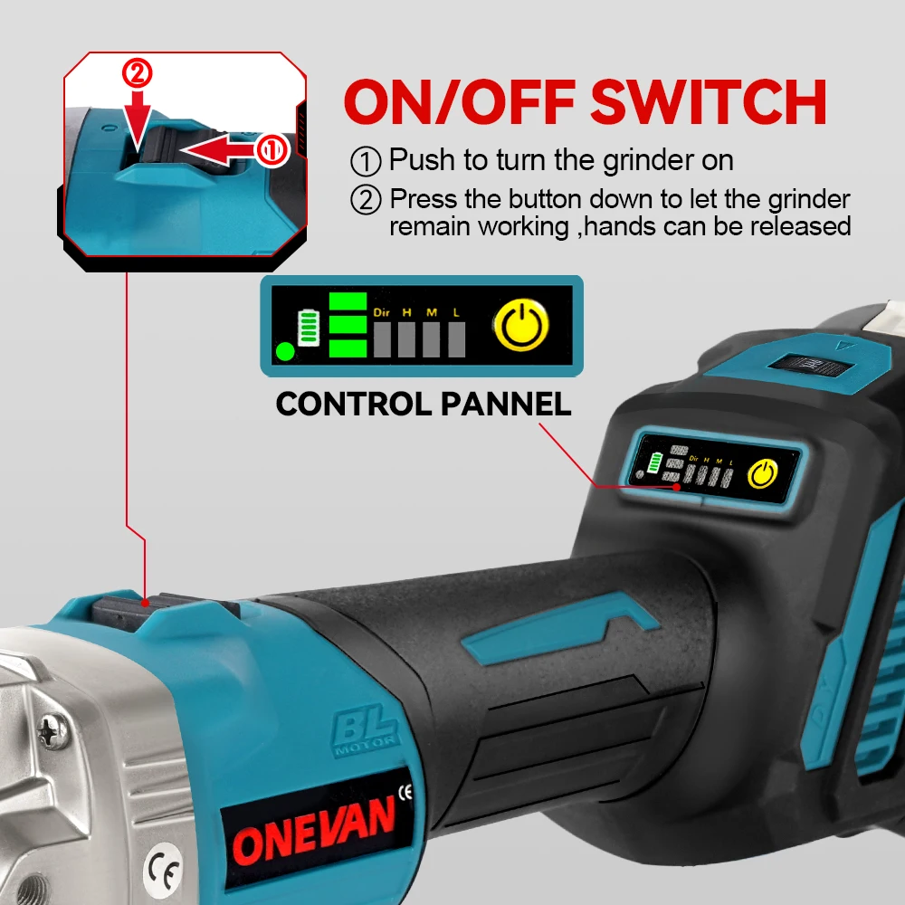 ONEVAN smerigliatrice angolare senza spazzole 125MM rettificatrice per lucidatura a batteria 6 marce utensile da taglio per legno in metallo per