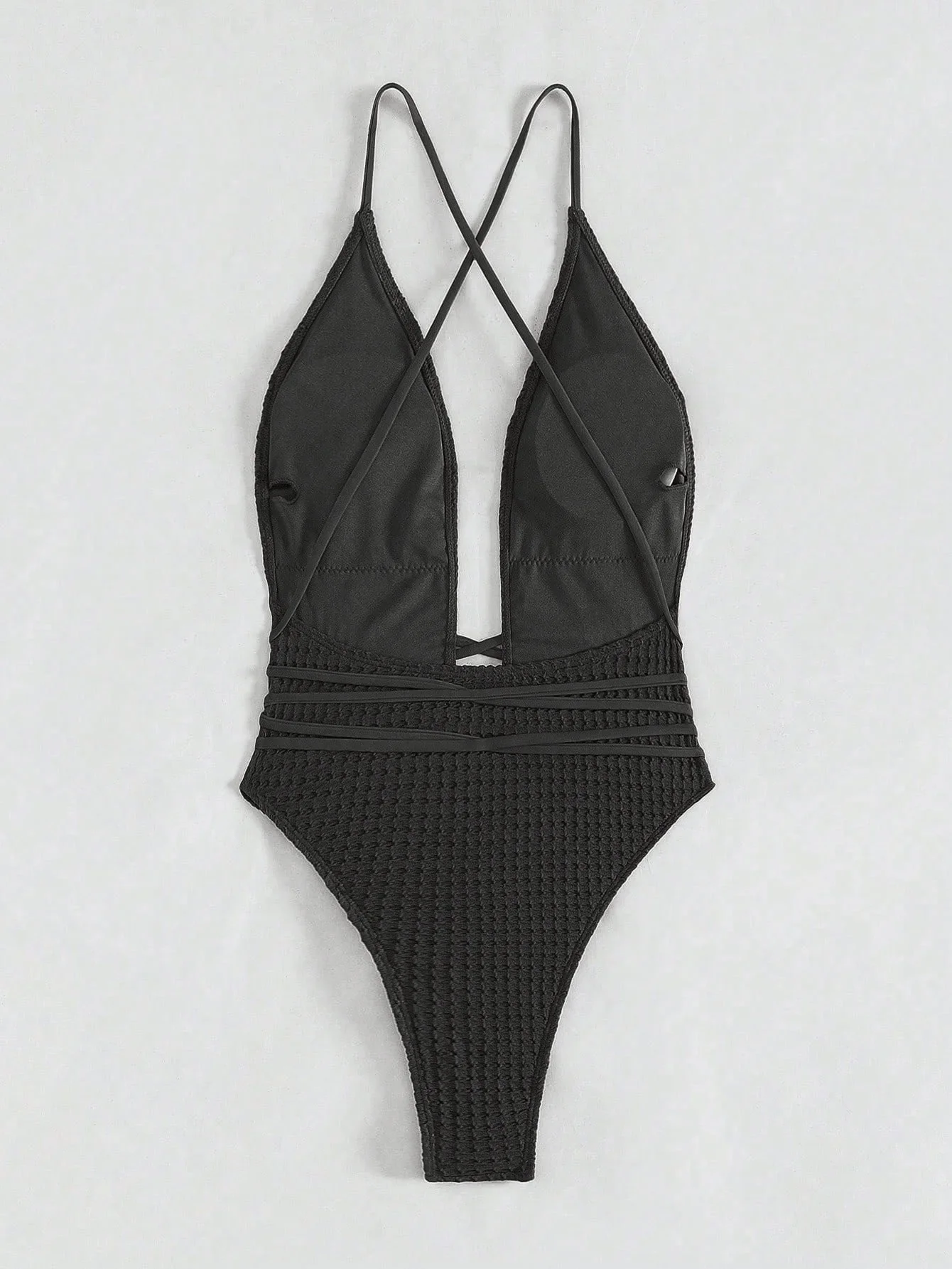 بدلة سباحة نسائية صيفية سوداء بدون أكمام من قطعة واحدة بلون سادة عميق على شكل حرف V من قطعة واحدة بدلة سباحة بيكيني للإجازات على الشاطئ