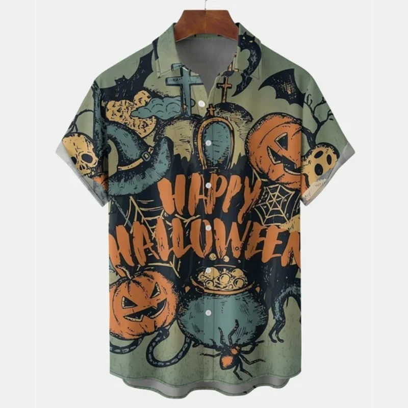 Halloween Shirt For Men Printed Short-Sleeved T-Shirt 3d Pumpkin Head Graphic Top Lapel Button Shirt Summer Beach Party Clothing