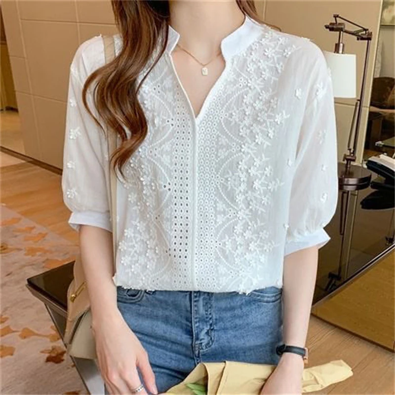 New Women Korean Fashion Hollow Lace Embroidery Blouses Elegant White V Neck Shirts Female Casual Short Sleeve Loose Cotton Tops