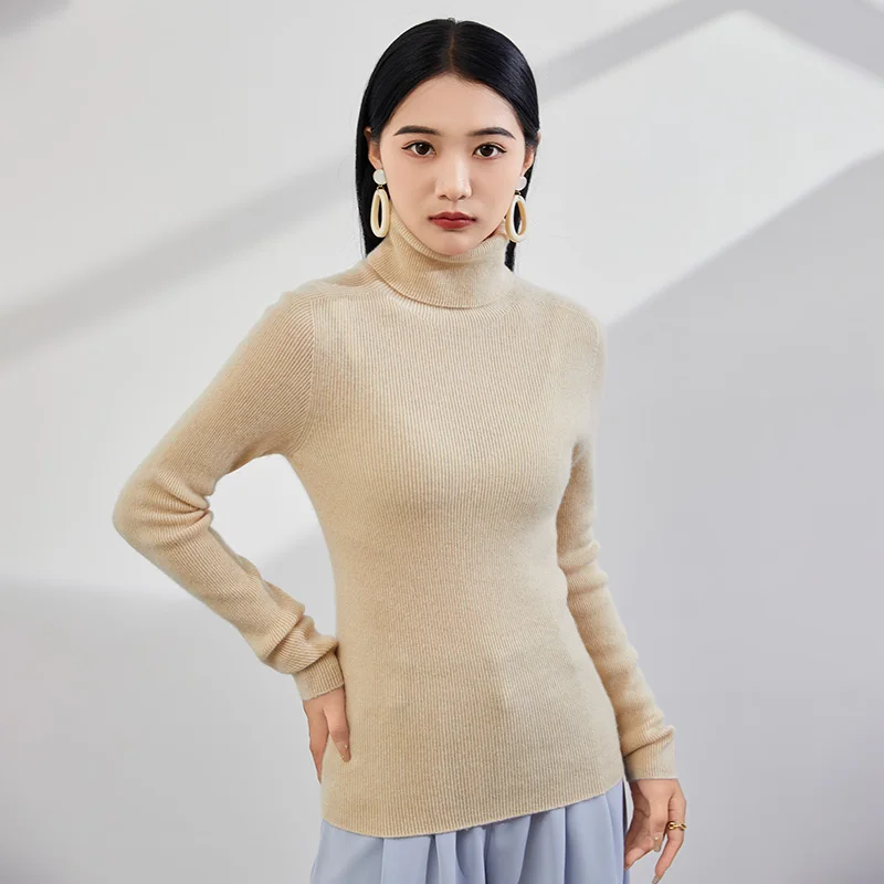 100% Cashmere Pure Cashmere Sweater, High Reverse Collar Slim fit Versatile Knitted Base Sweater for Women