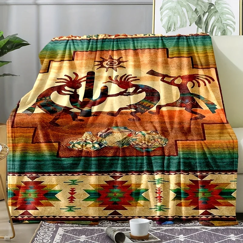 1pc Vintage Kokopelli Flannel Blanket - Luxuriously Soft & Cozy - Premium Warmth for All Seasons - Versatile Use on Sofa, Bed