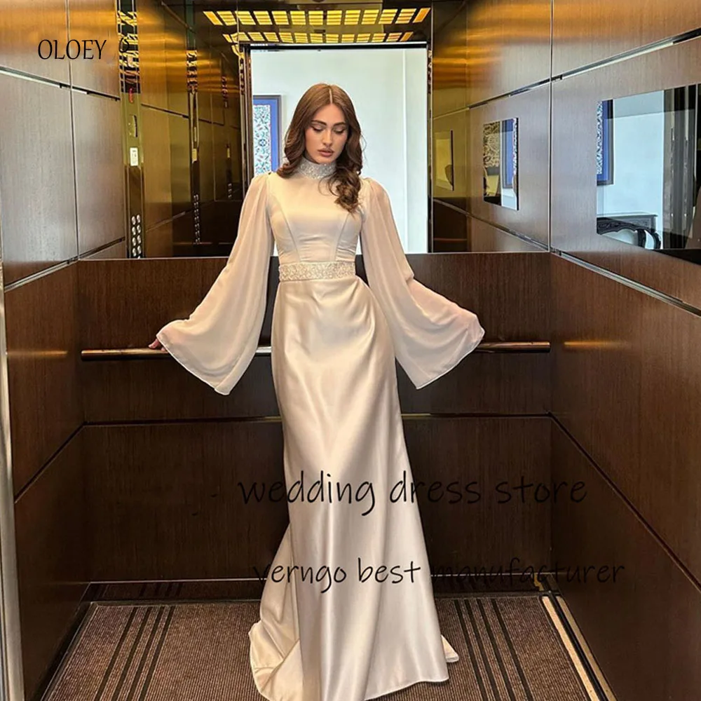 Oloey bescheidene weiße Seide Satin Meerjungfrau Brautkleider Puff lange Ärmel Perlen Brautkleider Arabisch Dubai formelle Abendkleid