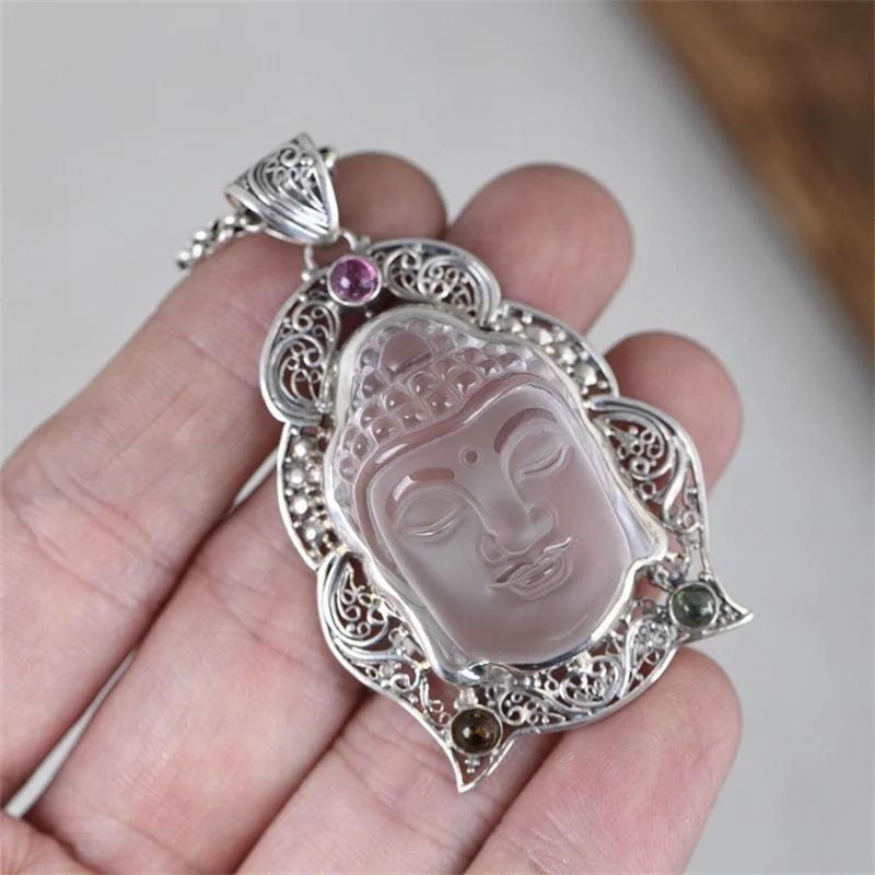 

Хрустальная голова 925, серебряные подвески в виде сакральной шакьямуни для мужчин и женщин, подарки для буддий, ювелирные изделия, изысканная резьба, ожерелья Будды без цепочек