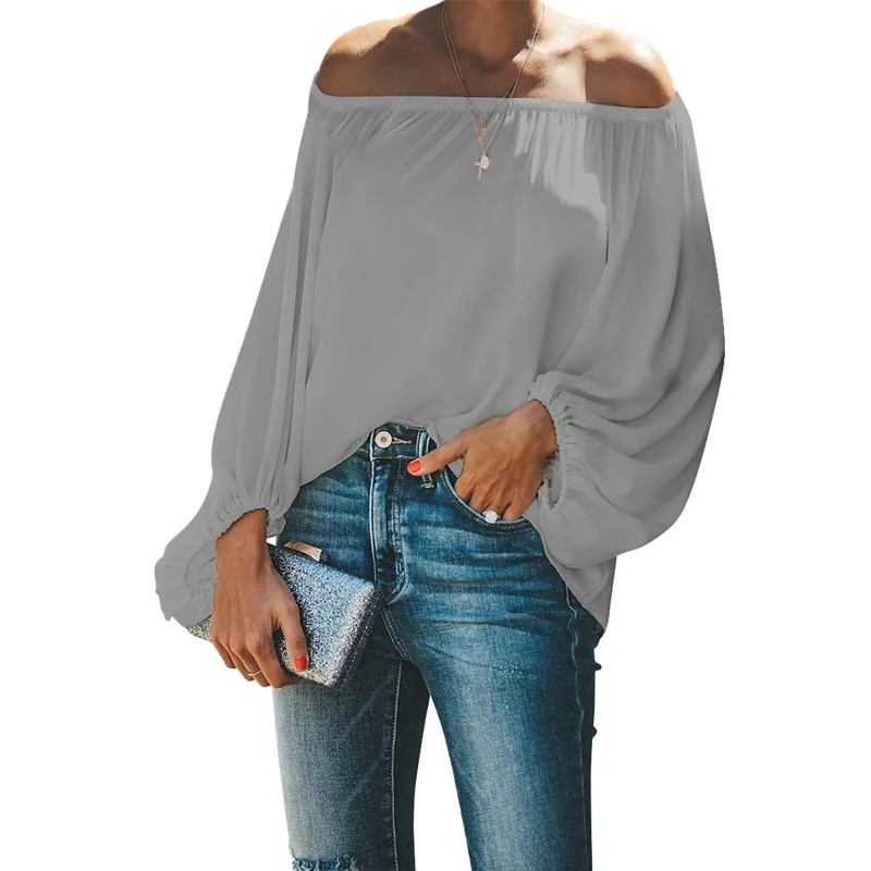 2024 off-shoulder tops for women autumn new one-shoulder solid color lantern sleeves loose long-sleeved T-shirt