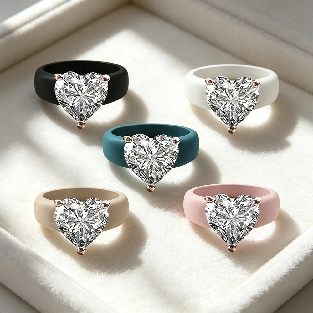 1pc Rose Gold Three Claw Heart-Shaped Cubic Zirconia Ring, with Multiple Colors of Silicone Ring Holders to Choose From, Suitabl