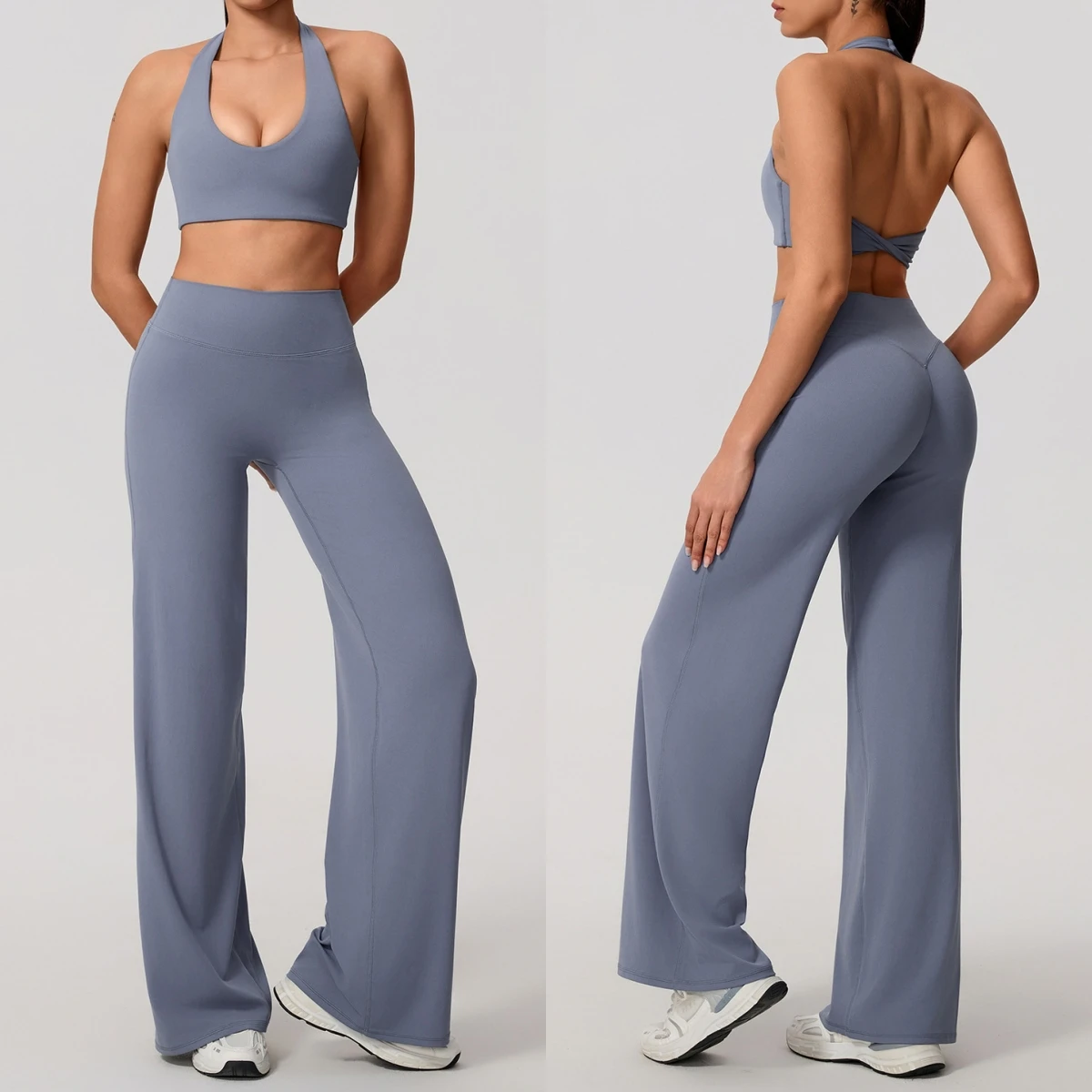 Women 2 Piece Yoga Set Workout Outfit Halter Twist Backless Sports Bra High Waist Wide Leg Trousers Nude Soft Activewear Gym Set