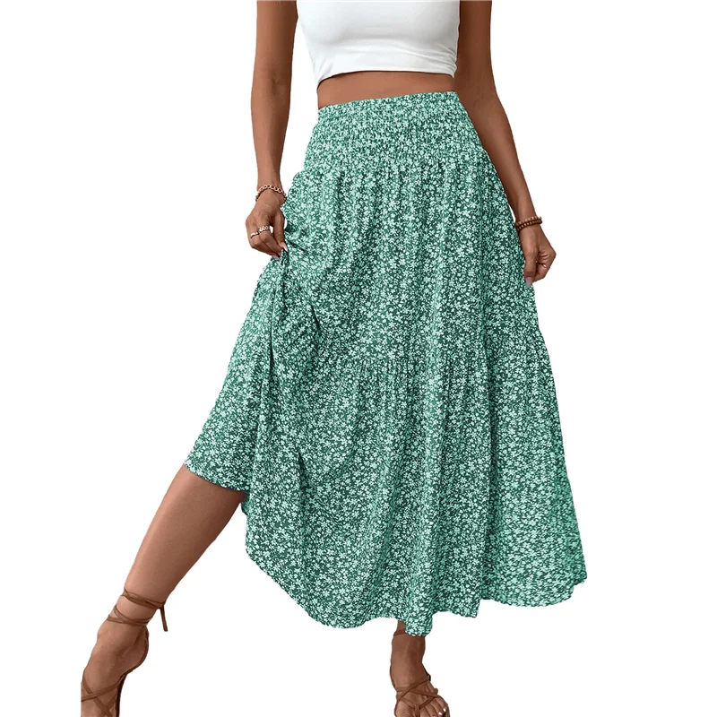 

ASDS-женская юбка-миди с высокой эластичной резинкой на талии, повседневные летние модные струящиеся юбки трапециевидной формы с цветочным принтом и рюшами