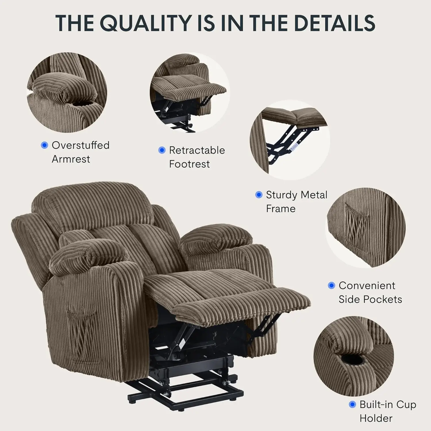 XL31 Power Lift Recliner Chair for Elderly with Massage and Heat Electric Lift Reclining Chair w/Cup Holders Side Pockets