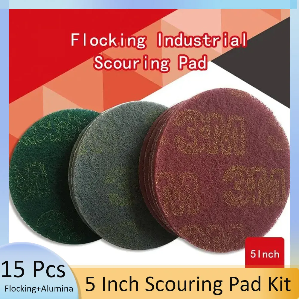 15 Pcs 5  Inch Scouring Pad & Polishing Pad Set: 240/400/1000 Grit Self Adhesive Discs for Industrial Heavy Duty Nylon Cleaning