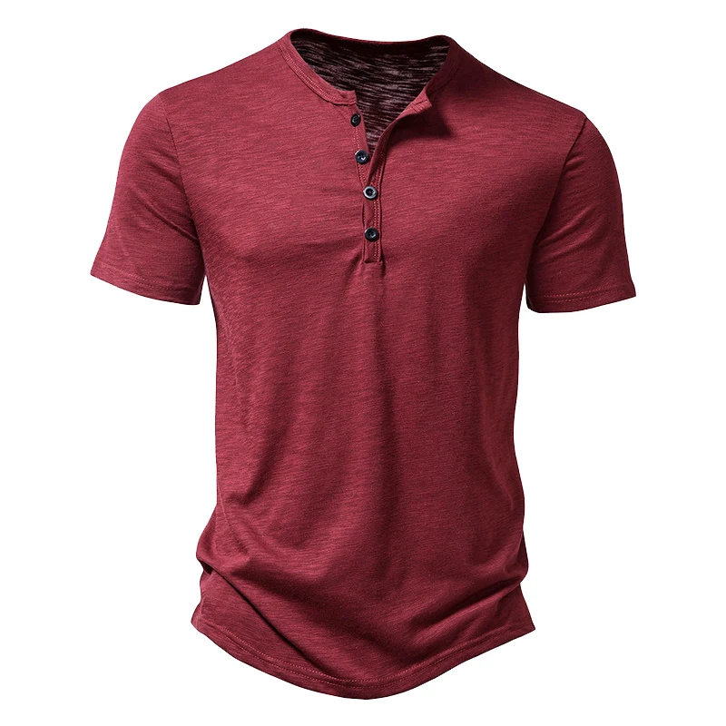 Summer Henley Neck Men's Short-sleeved Streetwear T-shirt Comfortable Refugee camping Casual T-shirt ropa hombre