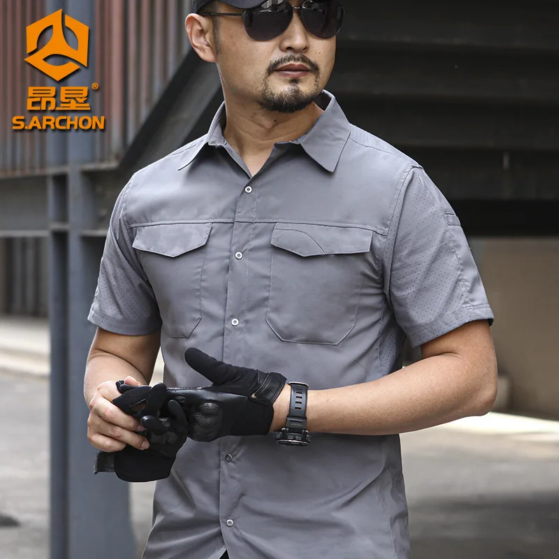 Quick Dry Tactical Cargo Shirt Men Summer Short Sleeve Military Combat Shirts Lapel Breathable Casual Workwear Hiking Clothing