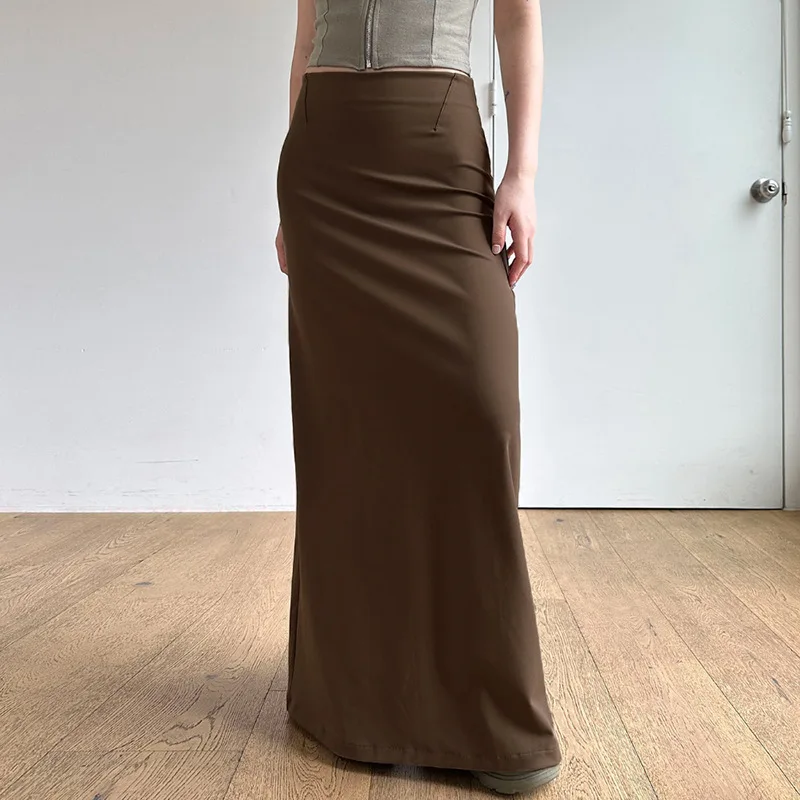 

Y2K Long Skirt European American Design High Personalized Solid Color Knitted Slim Fit One Piece Slit Waist Cinching Half Body