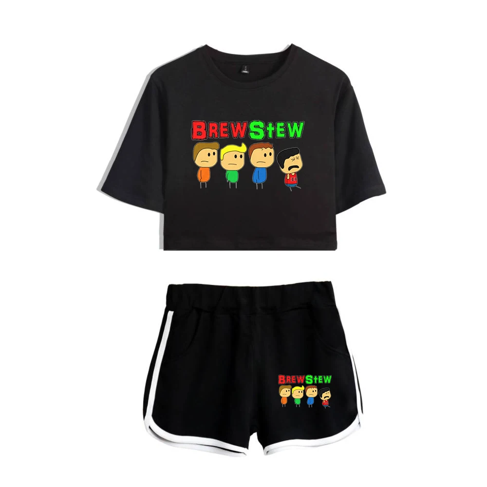 Brewstew Merch Funny Youtuber Two Piece Set Short Sleeve Cropped Top Navel Tee+Shorts 2023 Harajuku Streetwear Women's Sets