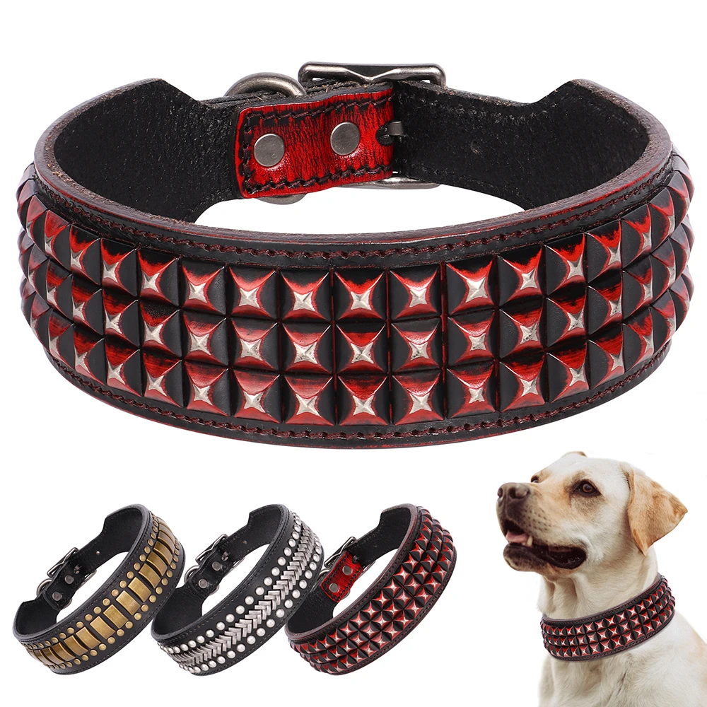 2 inch Wide Dog Collar Real Leather Big Dog Collars Spike Studded  Pet Necklace Durable for Medium Large Dogs French Bulldog Pug