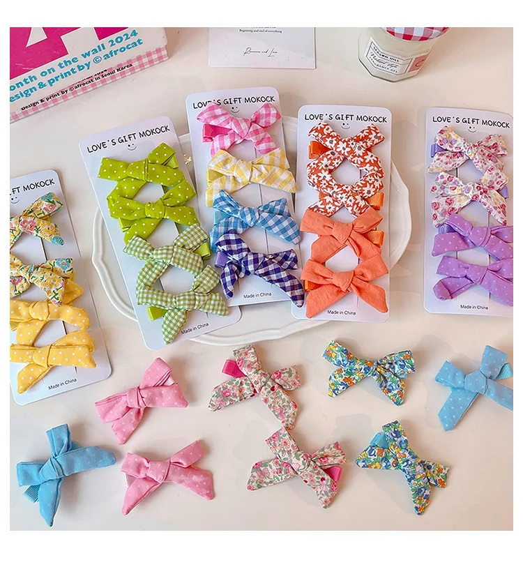 2026 4PCS/Set Kids Hair Clips Gingham Floral Bow Hair Barrettes No Hurt Hair Non Slip Soft Fabric Toddler Girls Accessories Gift