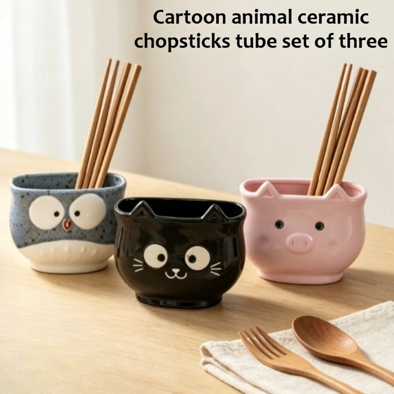 Animal cat ceramic chopsticks tube kitchen table drain chopsticks basket rice spoon knife and fork storage tube