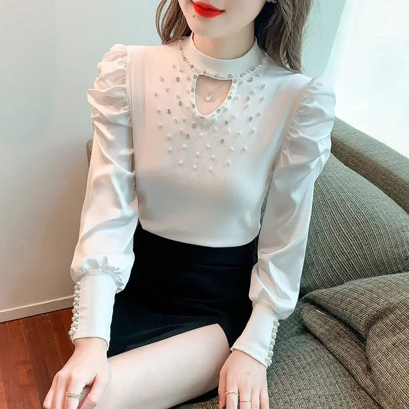 Beading Long Sleeve T-shirt 2026 Women Spring Autumn Puff Sleeve Blouse Tops Elegant Korean Sweet T-shirt White Base Shirt