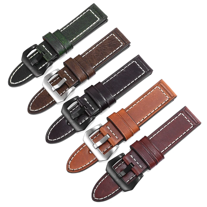 

Vintage Crazy Horse Leather Watchband Men For Flat Interface Pin Buckle Accessories Black Brown Genuine Leather Strap22 24 26mm