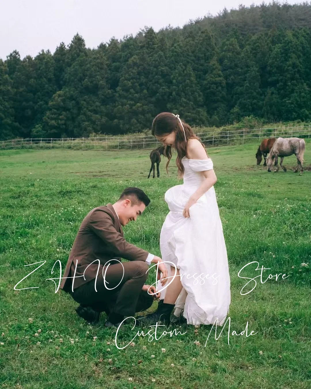 ZHIO Modernes Falten-Hochzeitskleid, schulterfrei, A-Linie, Elfenbein, Seide, Taft, Korea, Fotoshooting, Braut-Empfangskleid, individuell gestaltet