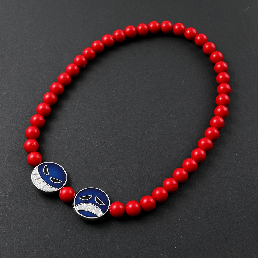 One Piece Ace Cosplay Necklace Red Beads Blue Face Charm Accessories Gifts for Anime Fans