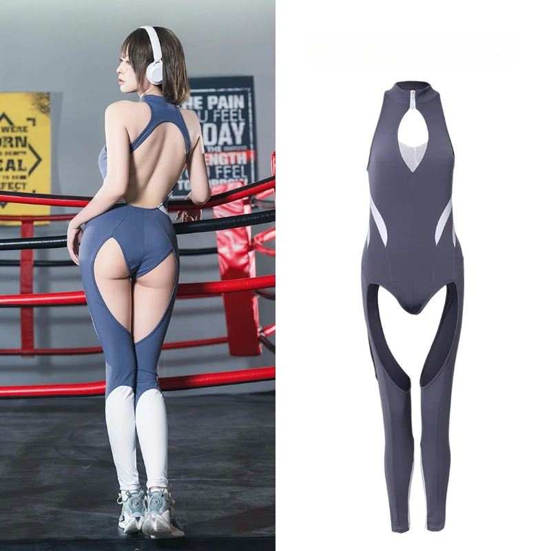 Woman Sexy Open Crotch Backless Cosplay Bodysuits Hollow Out Anime Skinny Gray Compress Shorts Patchwork Fashion Zipper Bottoms