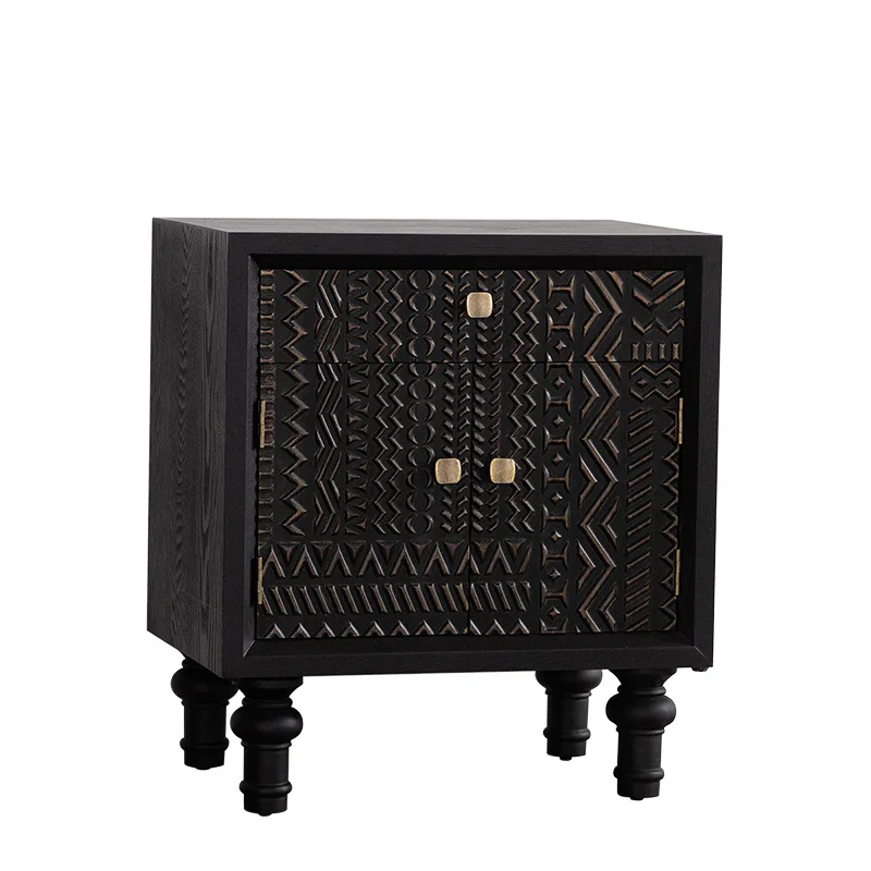 

Retro black carving craft locker, bedroom with drawers, light luxury bedside table, small apartment household side cabinet