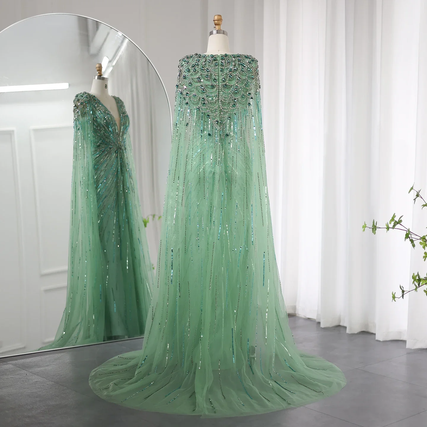 Dubai Luxury Crystal Sage Green Evening Dresses with Cape  Elegant Women Wedding Dress Party Gowns