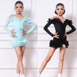 2024 Winter Latin Dance Competition Costume Girls Long Sleeved Latin Dance Dress Kids Samba Tango Rumba Dancing Dresses SL11380