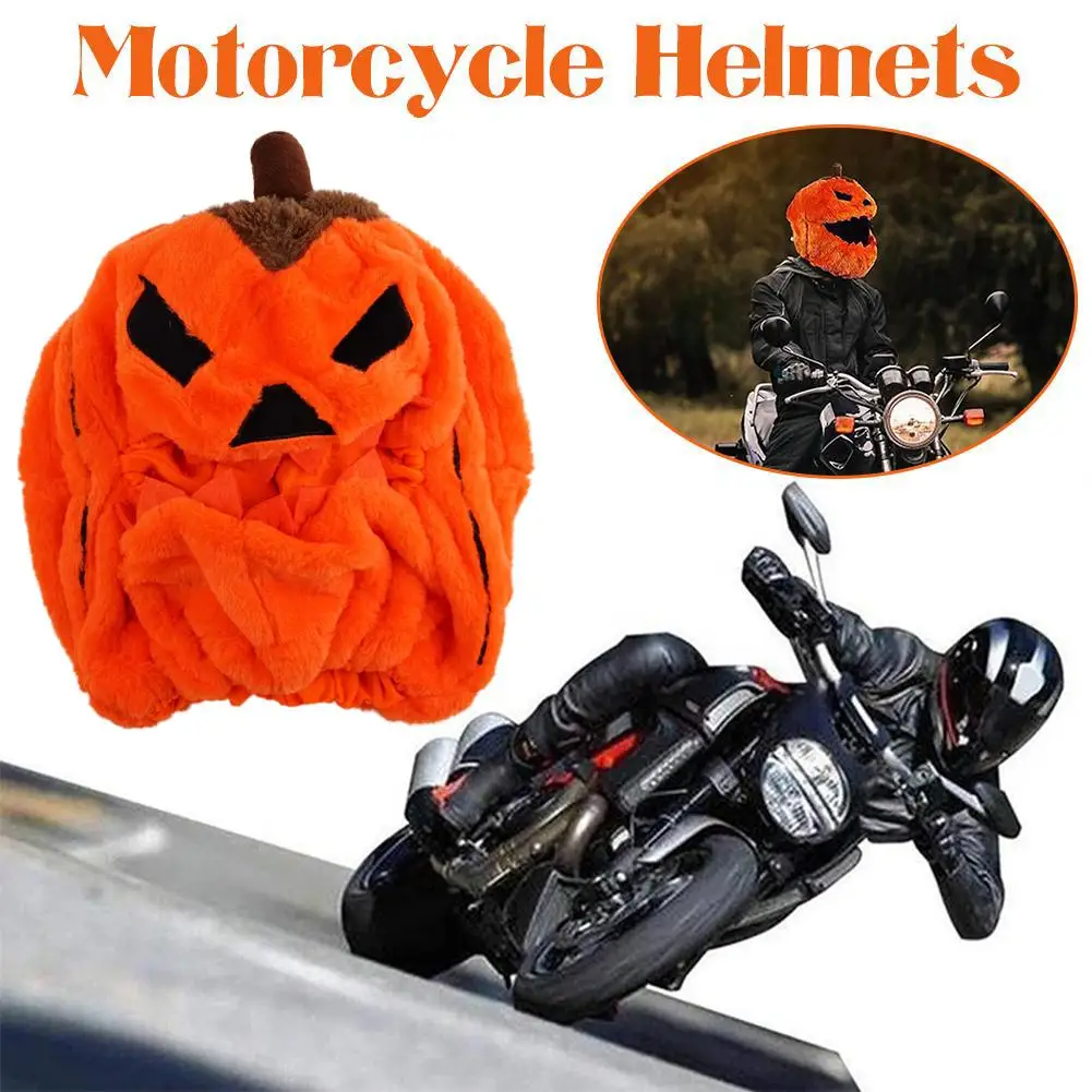 Halloween Pumpkin Motorcycle Helmet Cover High Visibility Helmet Full Cartoon Plush Head Protector Motorbike Dustproof Pump G6P9