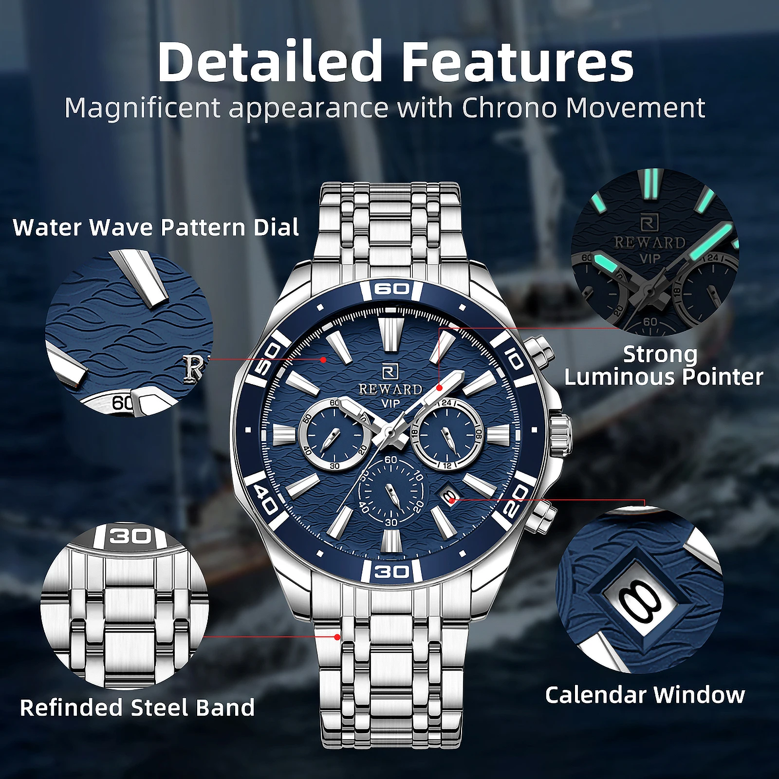 REWARD Quartz Watches Men Fashion Men's Watch with Stainless Steel Strap Luminous Hands Chronograph Waterproof Male Clock