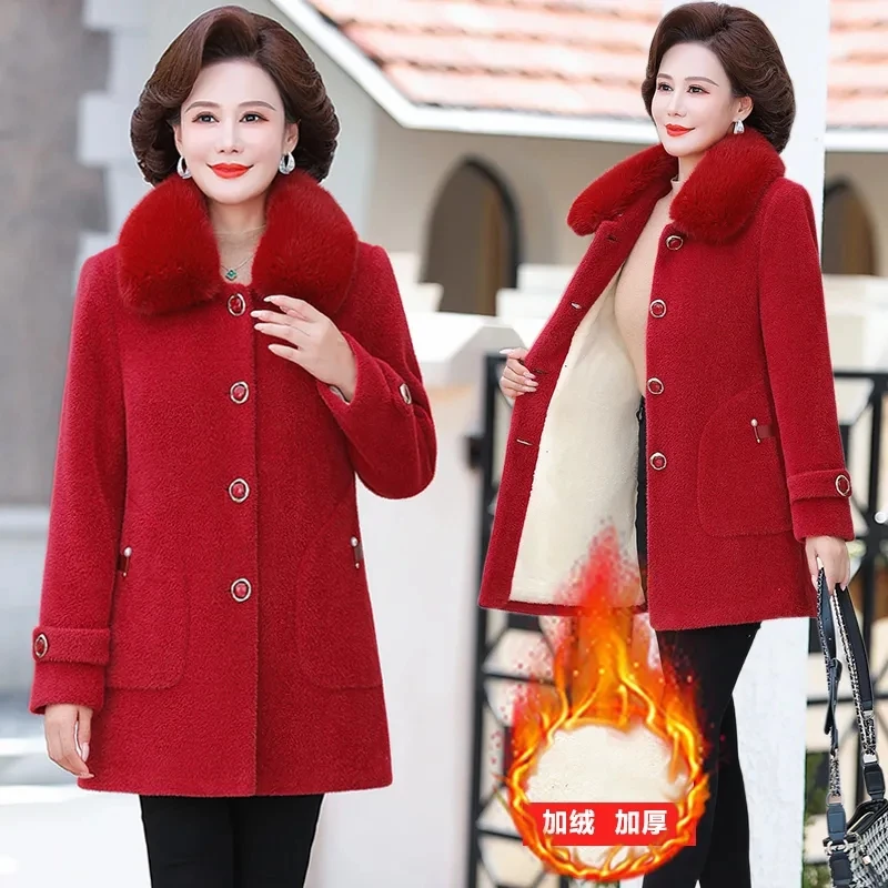 Winter Velvet Faux Mink Fur Jacket New Fashion Fur Collar Mid Long Woolen Coat Middle Aged Women Cotton Padded Jacket Outerwear