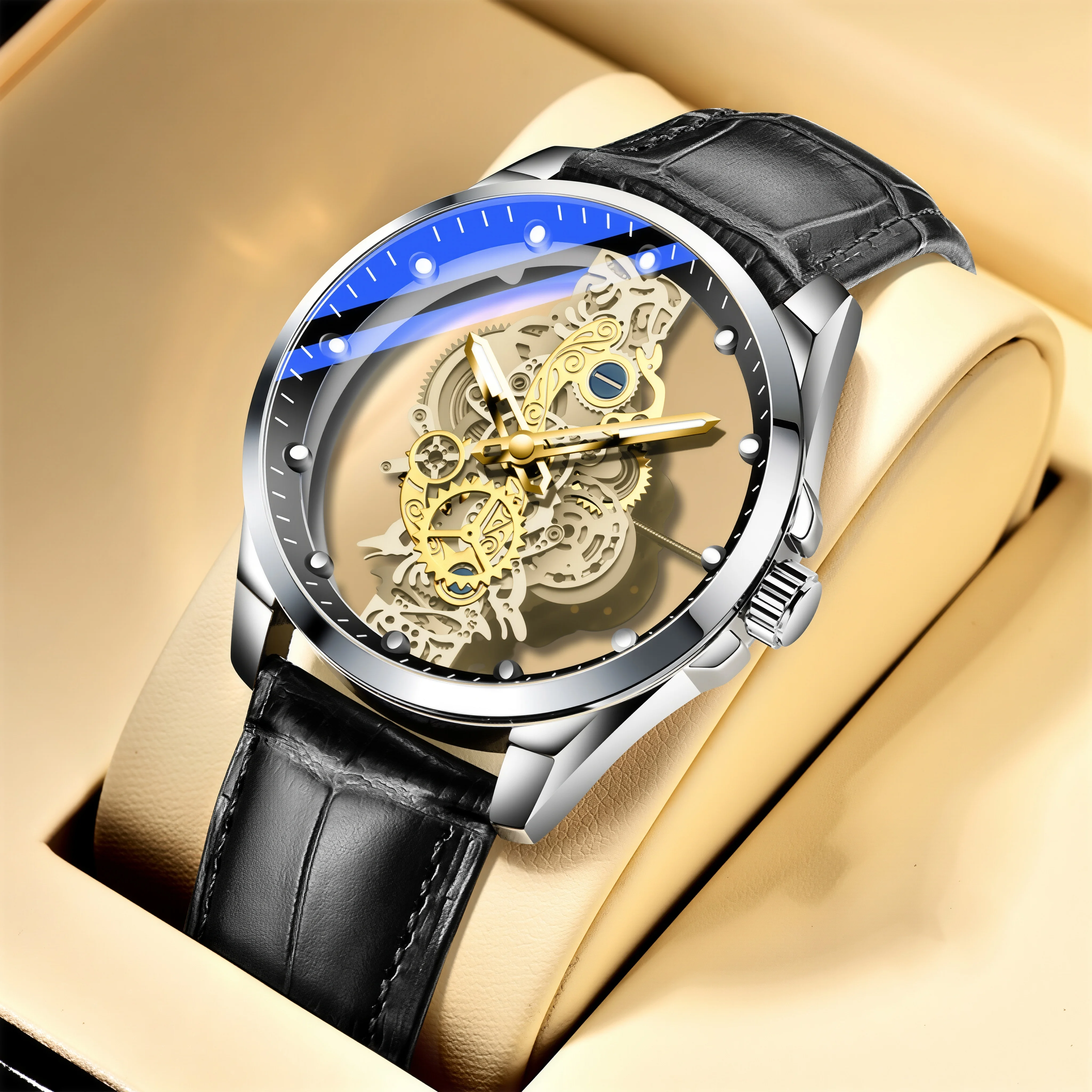 Business-Herrenmode Quarzuhr Lederarmband Skelett 30M Wasserdicht Edelstahlgehäuse Minimalistisches Design Urlaubsgeschenk