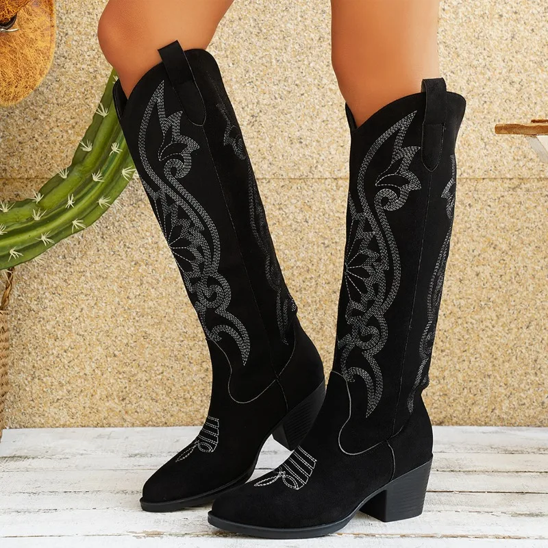 Women's Knee-high Boots Retro Suede Casual Boots Fashion Pointed Thick Heel Knight Boot Classic Embroidered Western Cowboy Boots