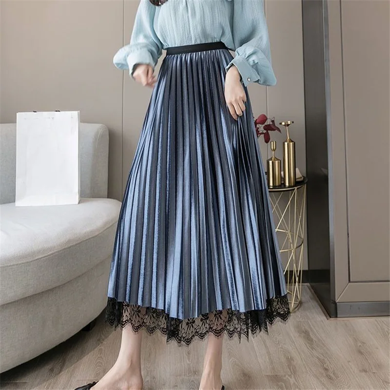 Gold Velvet Pleated Elegant Party Ladies Skirts Autumn Winter Fashion High Waist Lace Mesh Patchwork A-line Maxi Skirt for Women