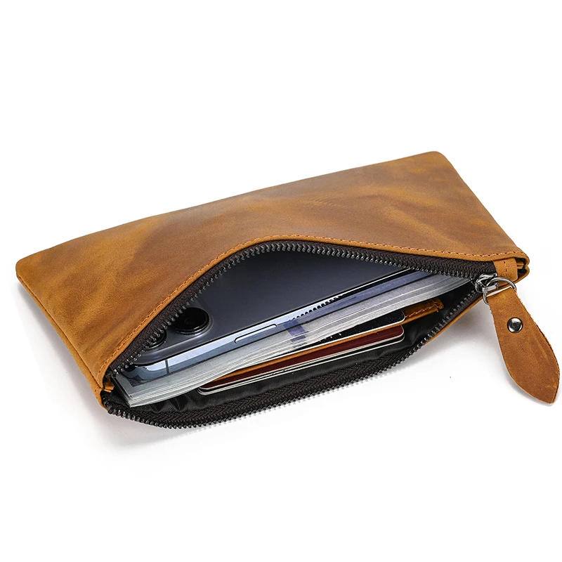 Vintage Leather Phone Wallet For Men Women Genuine Leather Clutch Purse Key Wallet Single Zipper Coin Purse Female Male Pen Case