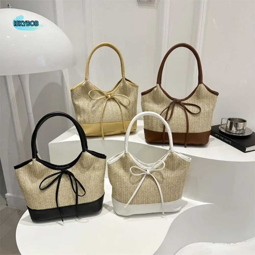

Корейская тканая большая сумка с галстуком-бабочкой, элегантная повседневная соломенная сумка на плечо, женская сумка большой вместимости для путешествий