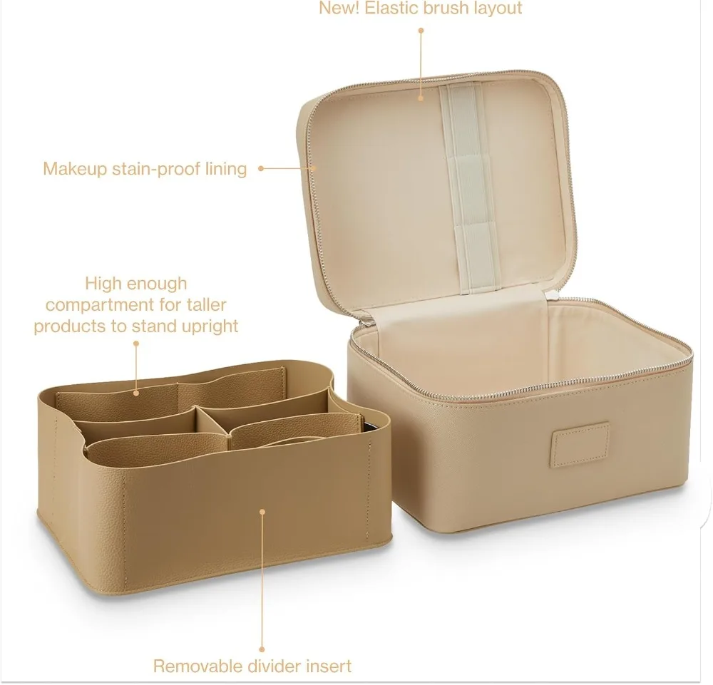 Stylish Travel Makeup Bag Organizer with Dividers - Beige Vanity Case for Cosmetics view 4