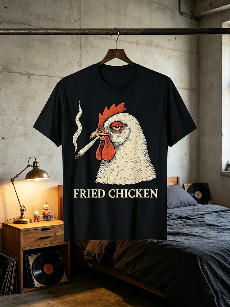 Men'S Funny for 420 T-Shirt - Smoking Fried Chicken Joint Graphic And Culture Tee _ Crew Neck Short Sleeve Casual Shirt with Cartoon Rooster Design for 420 Parties, Casual Attire