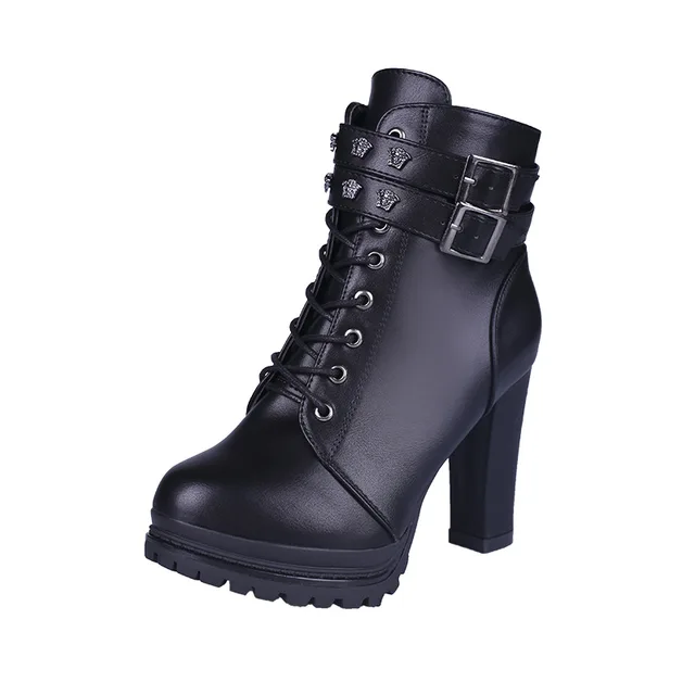 Bottes Femme à Talons Bloc - Hiver - Noir Cuir Synthétique