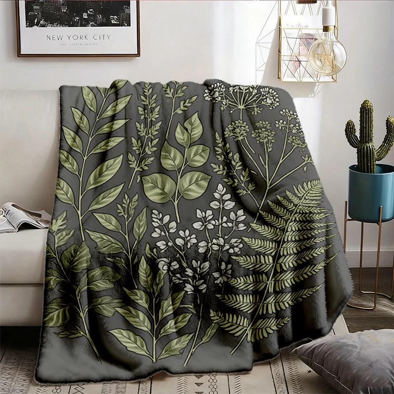 Botanical Ferns Graphic Flannel Throw, Vintage 90s Cozy Blanket, Cottagecore Dark Academia Unisex Warm Blanket